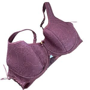 Alegro Bra 36 E Maroon Underwired Side Lacing Rhinestone Light Padding